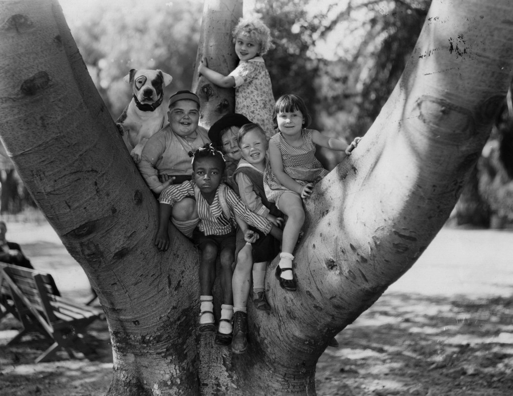 Jean Darling (standing) and the rest of Our Gang in a tree