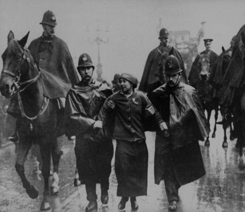 Sylvia Pankhurst being arrested at a protest in Trafalgar Square, 1913
