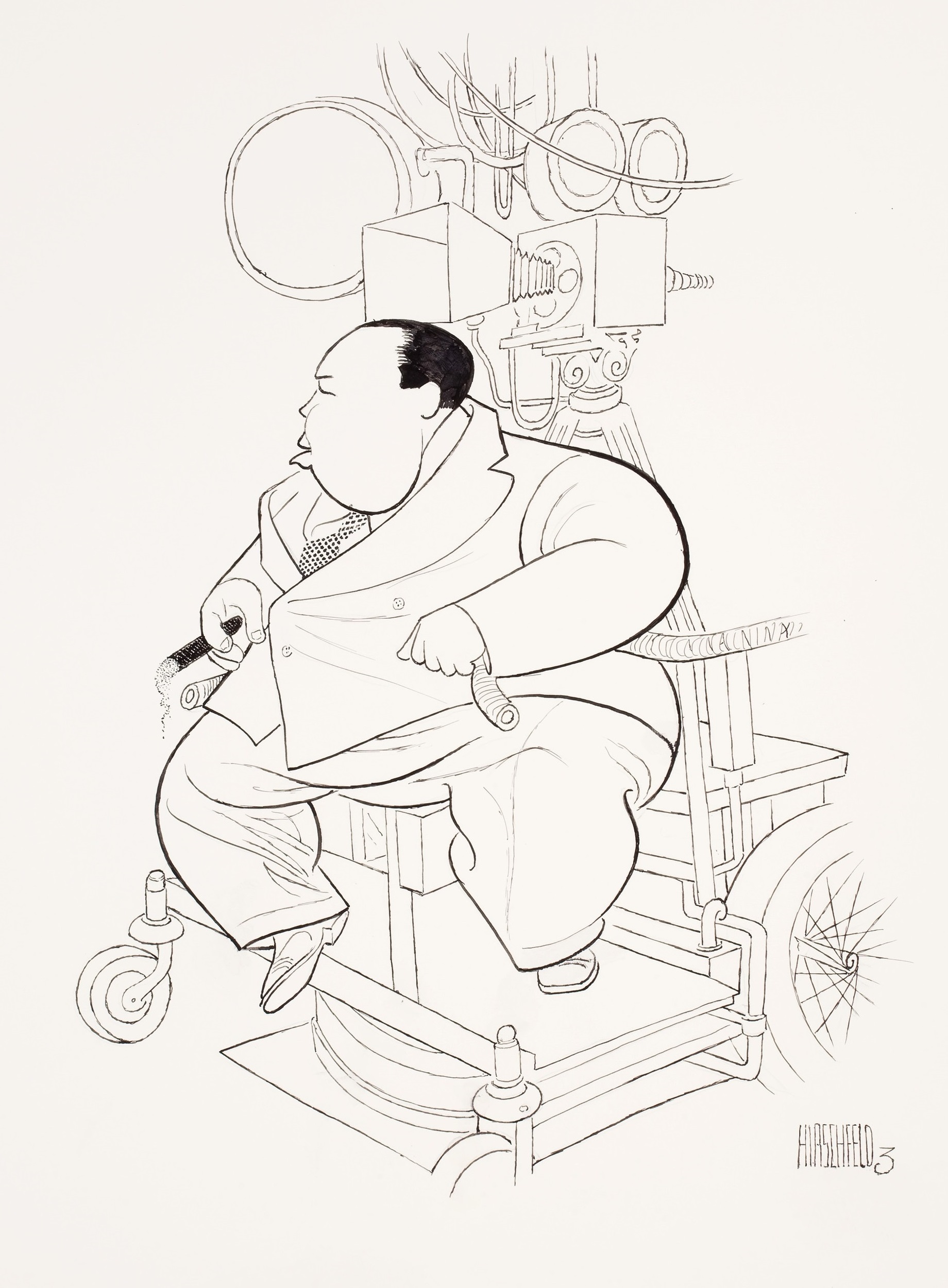 Alfred Hitchcock on the set of Sabotage (1936) caricature by Al Hirschfeld