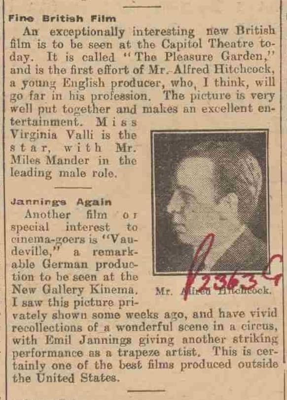 The Pleasure Garden (1925, dir. Alfred Hitchcock) Daily Mirror, p. 9, 12.4.1926